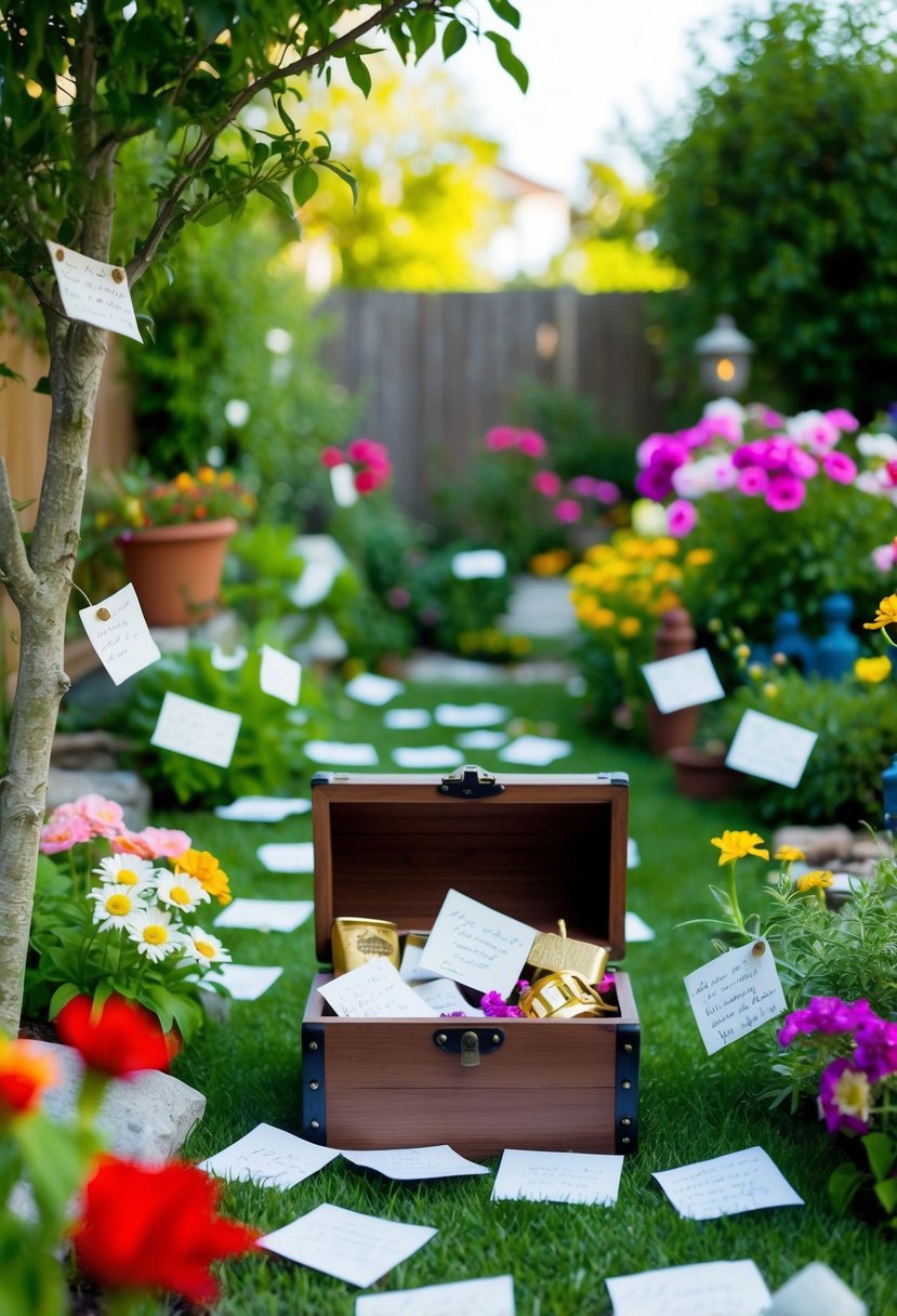 A backyard garden with hidden love notes tucked among flowers, trees, and garden ornaments, leading to a final treasure chest filled with anniversary gifts