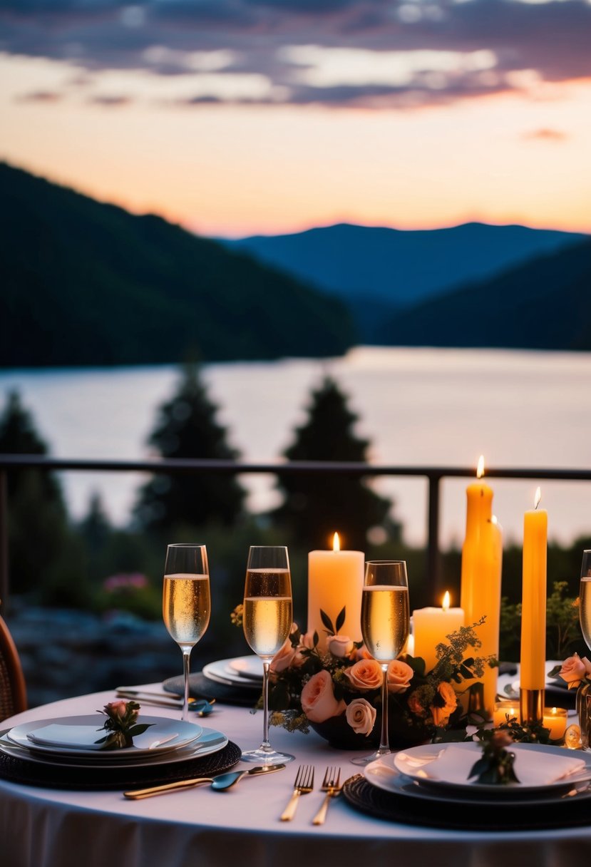 A cozy dinner table with candles, flowers, and champagne set against a sunset backdrop overlooking a serene lake