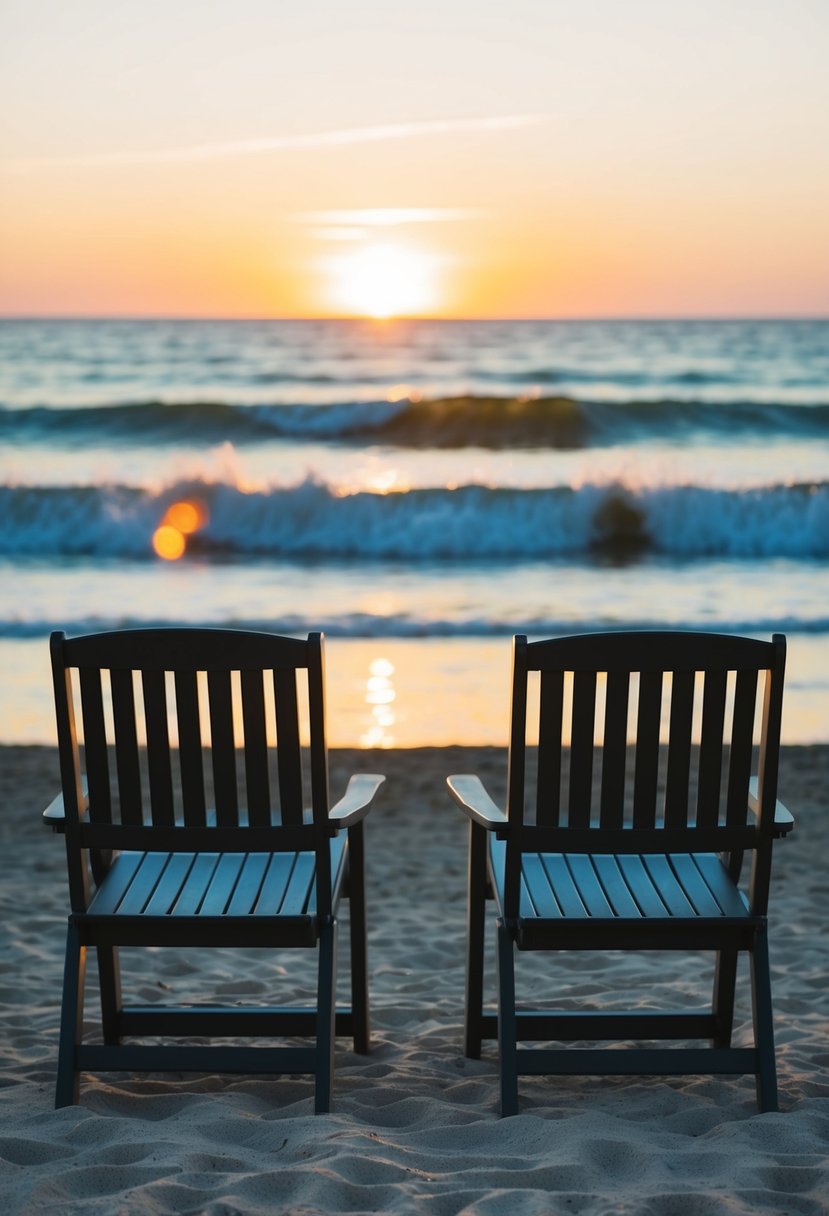 A serene beach with two chairs facing the horizon, waves gently crashing, and the sun rising in the distance