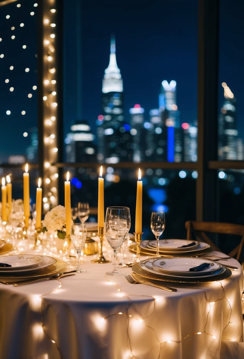 A candlelit table set with fine china, surrounded by twinkling fairy lights and overlooking a city skyline at night