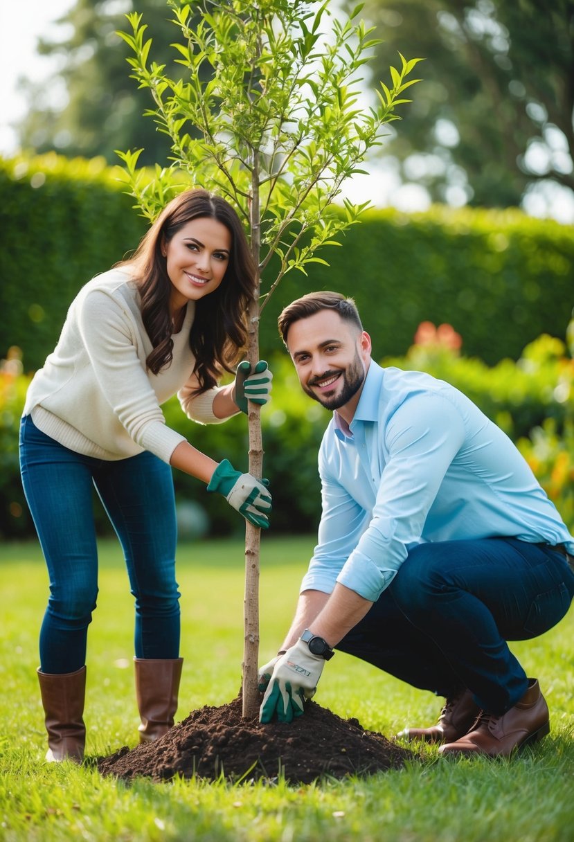 A couple planting a tree together in a lush garden