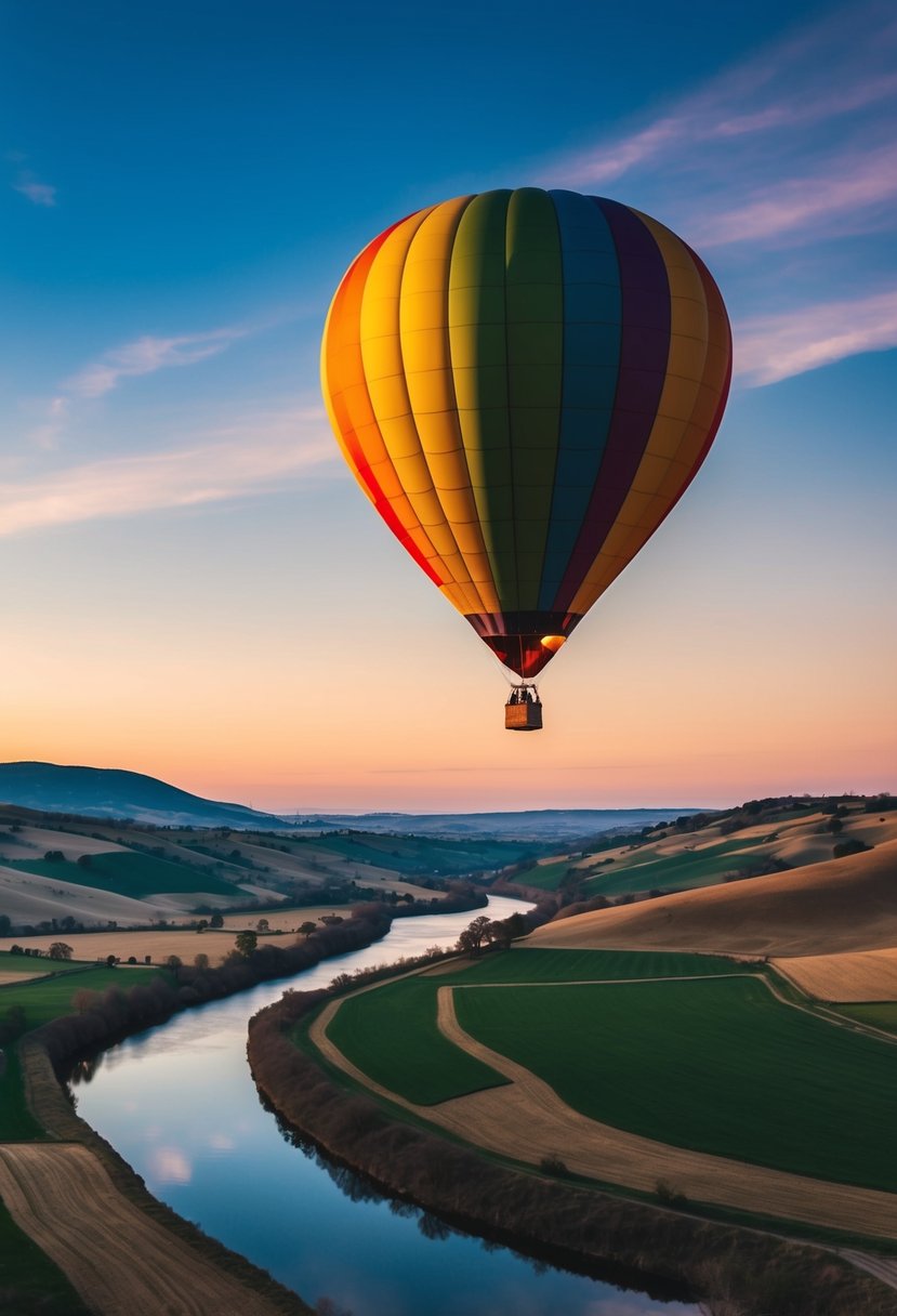 A colorful hot air balloon floats over a picturesque landscape of rolling hills and a tranquil river, with the sun setting in the distance