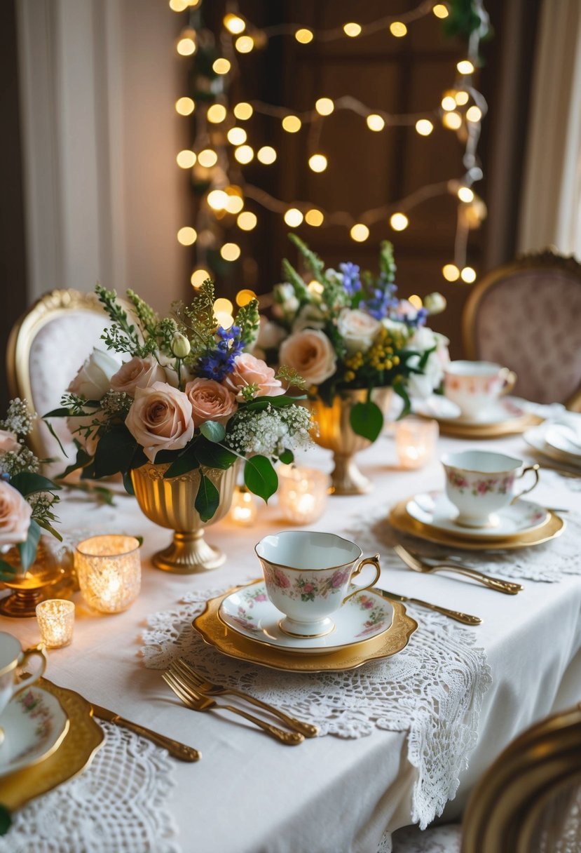 A table set with lace, antique teacups, and floral centerpieces, surrounded by vintage-inspired decor and twinkling lights