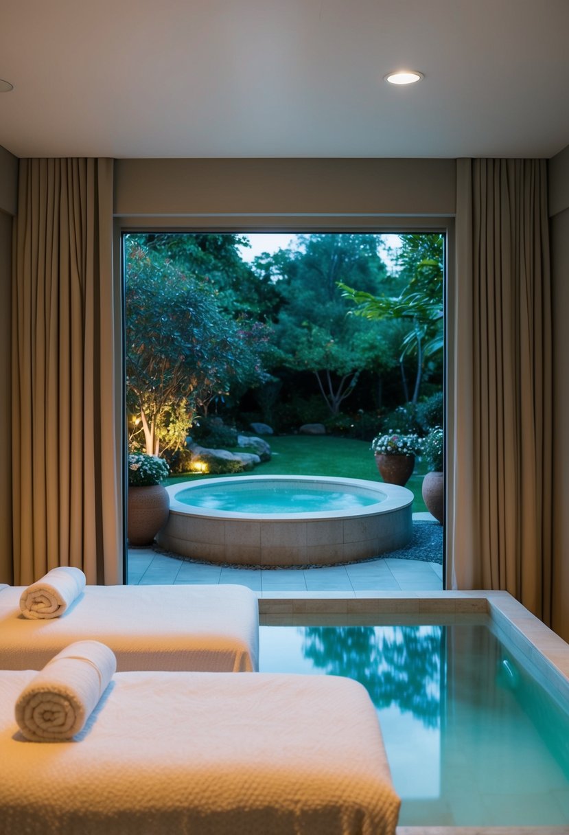 A serene spa with a couple's massage room, dim lighting, plush robes, and a Jacuzzi overlooking a tranquil garden