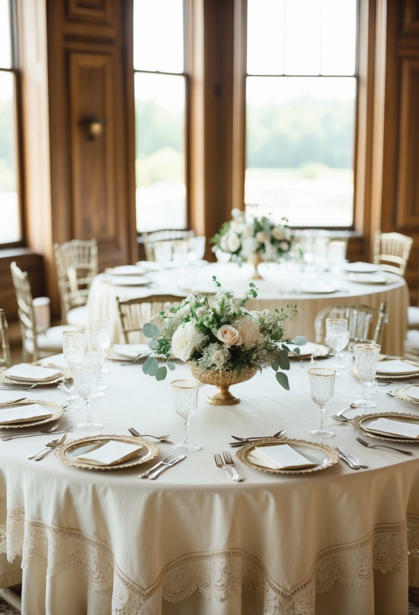 An elegant table set with antique lace tablecloths, adorned with vintage wedding shower decor