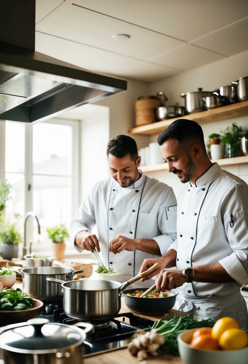 A cozy kitchen with two chefs working together, surrounded by pots, pans, and fresh ingredients