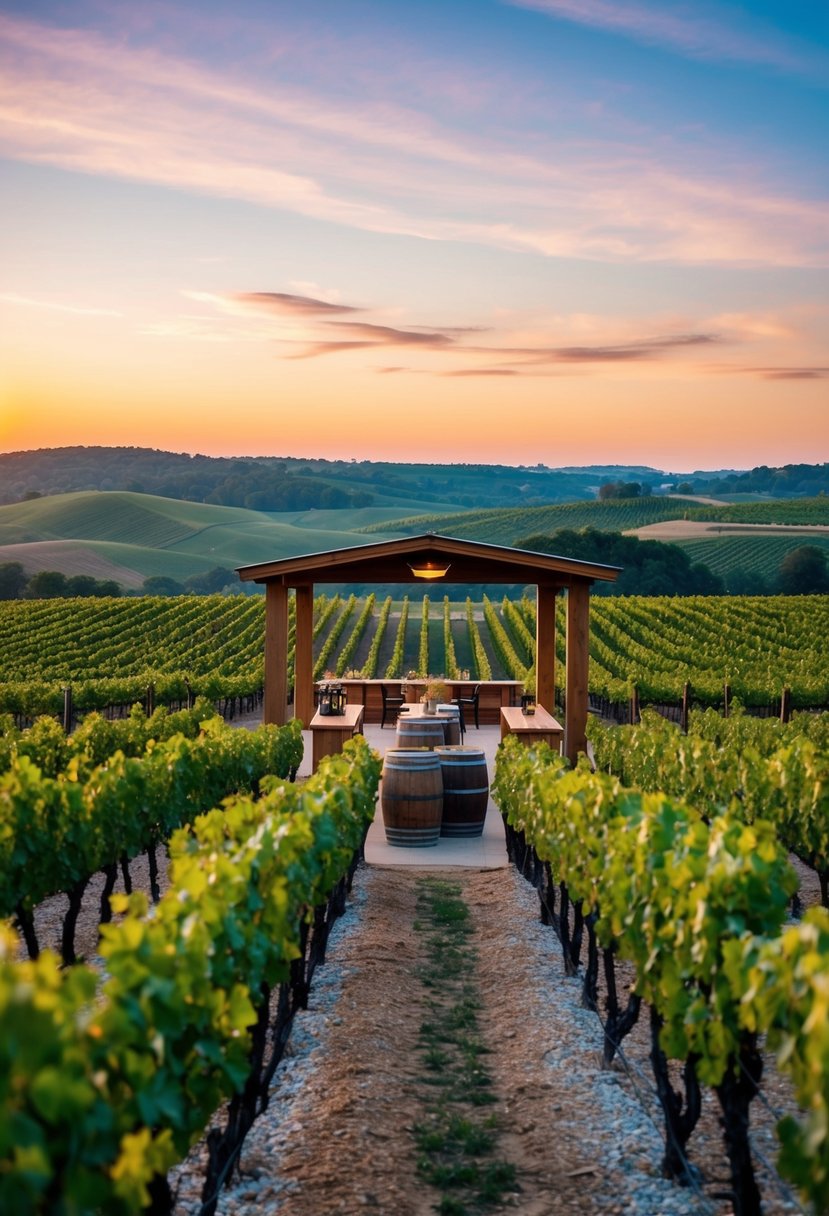 A serene vineyard with rows of grapevines, a rustic tasting area, and a picturesque view of rolling hills and a sunset