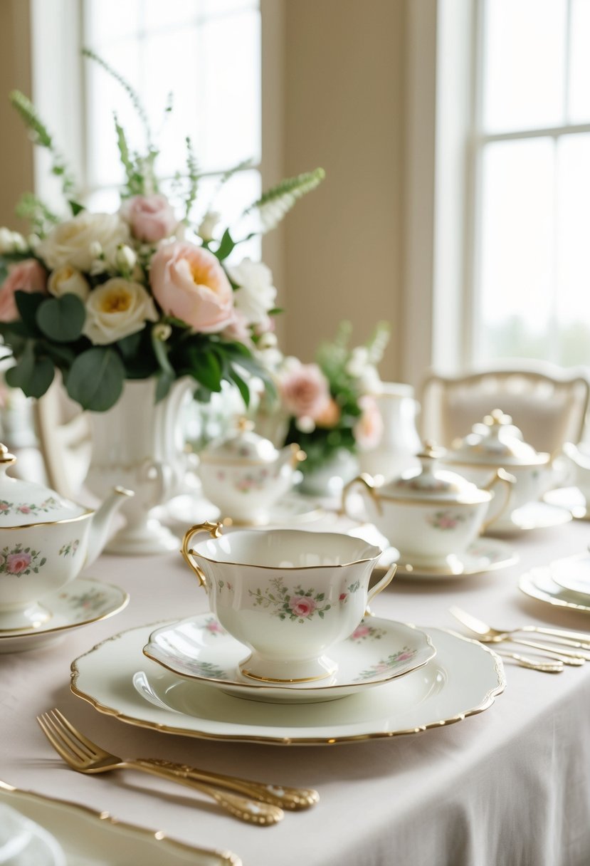 A table set with vintage China tea sets adorned with delicate floral patterns for a wedding shower