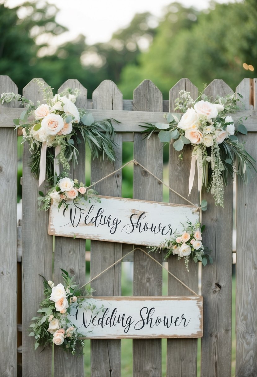 A collection of weathered wooden signs, adorned with delicate floral arrangements, hang from a rustic wooden fence, setting the scene for a vintage wedding shower