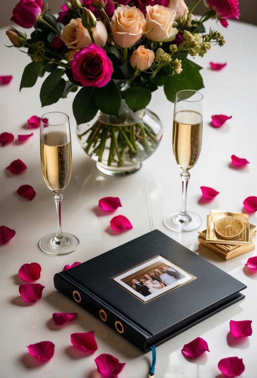 A table set with a vase of flowers, two champagne glasses, and a photo album surrounded by scattered rose petals