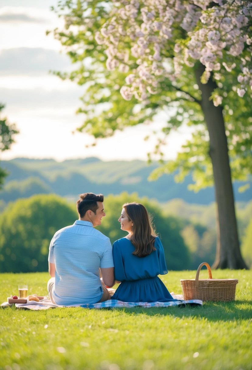 A couple picnicking in a serene park with a scenic view, surrounded by blooming flowers and a gentle breeze