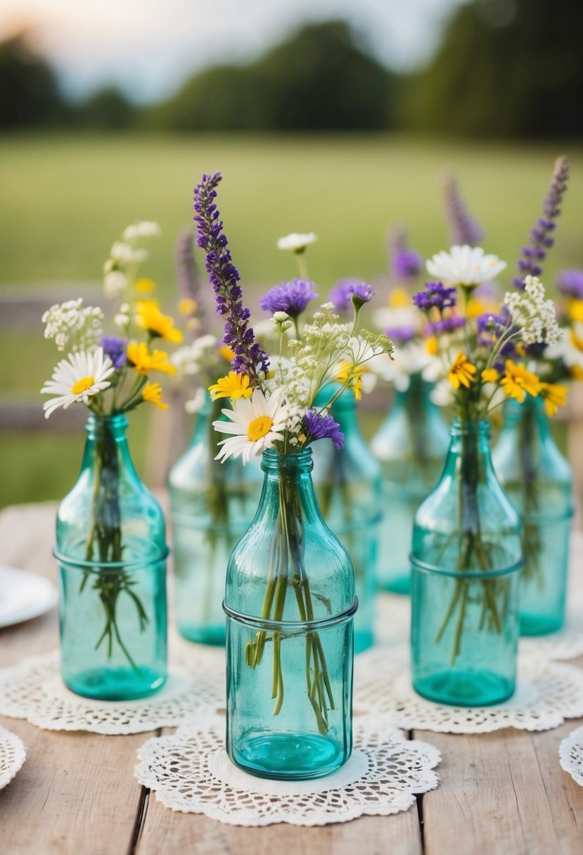 Several vintage glass bottles filled with wildflowers and placed on lace doilies, serving as centerpieces for a rustic wedding shower