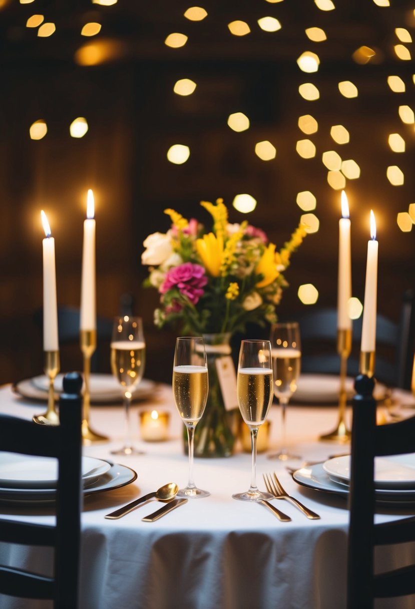 A cozy dinner table set with candles, flowers, and champagne. Two empty chairs facing each other