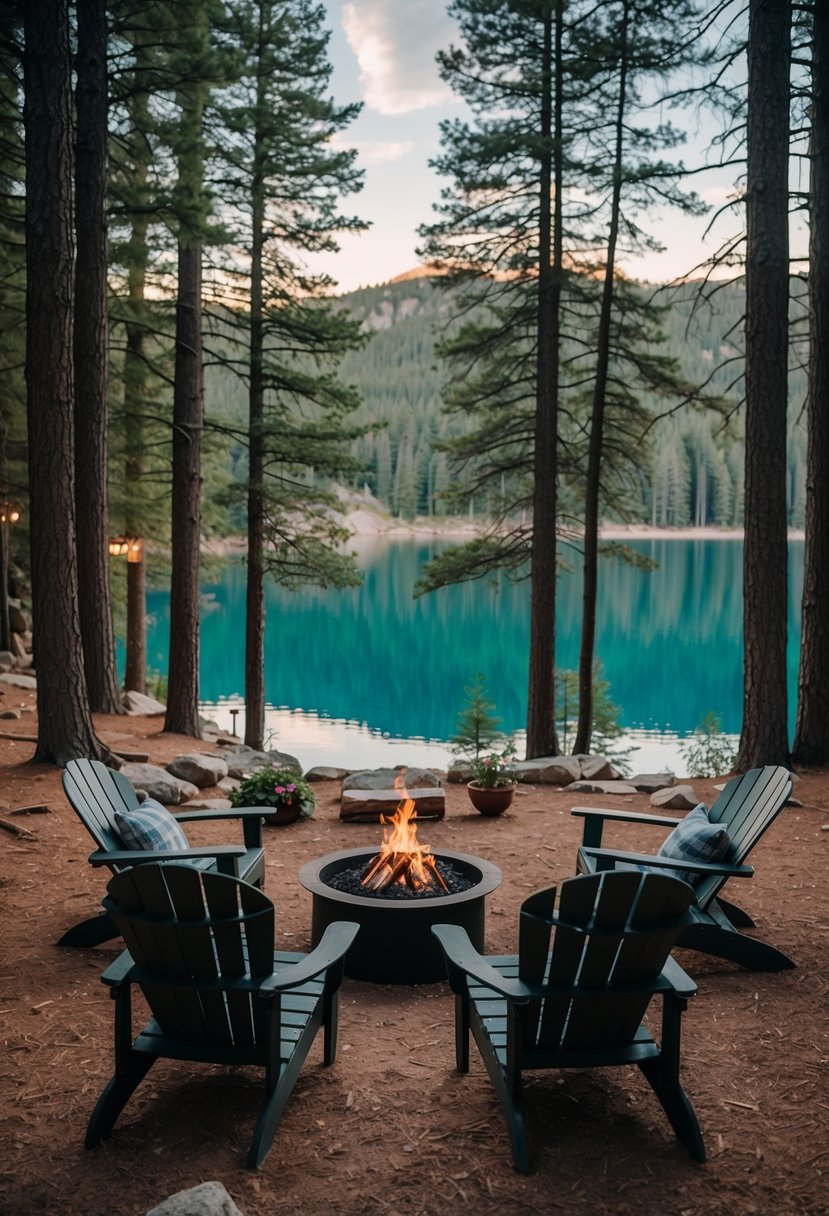 A secluded cabin nestled in the woods, surrounded by tall pine trees and a serene lake, with a crackling fire pit and cozy outdoor seating