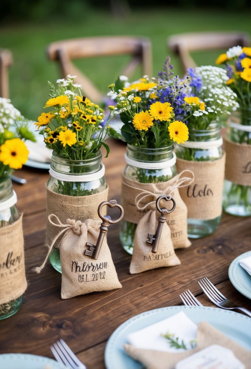 A wooden table adorned with mason jars filled with wildflowers, accompanied by personalized vintage key bottle openers and rustic burlap favor bags