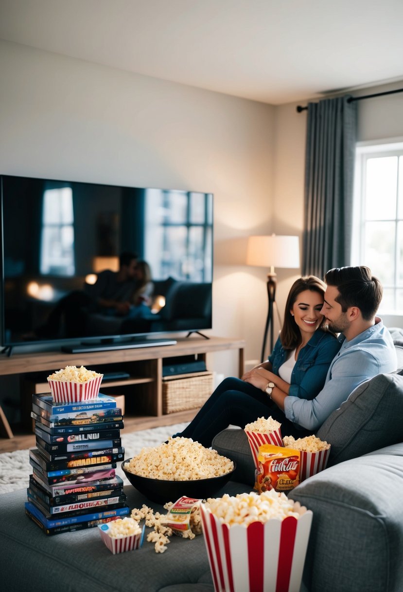 A cozy living room with a large screen TV, a pile of movie DVDs, popcorn and snacks, and a couple snuggled up on a comfortable couch