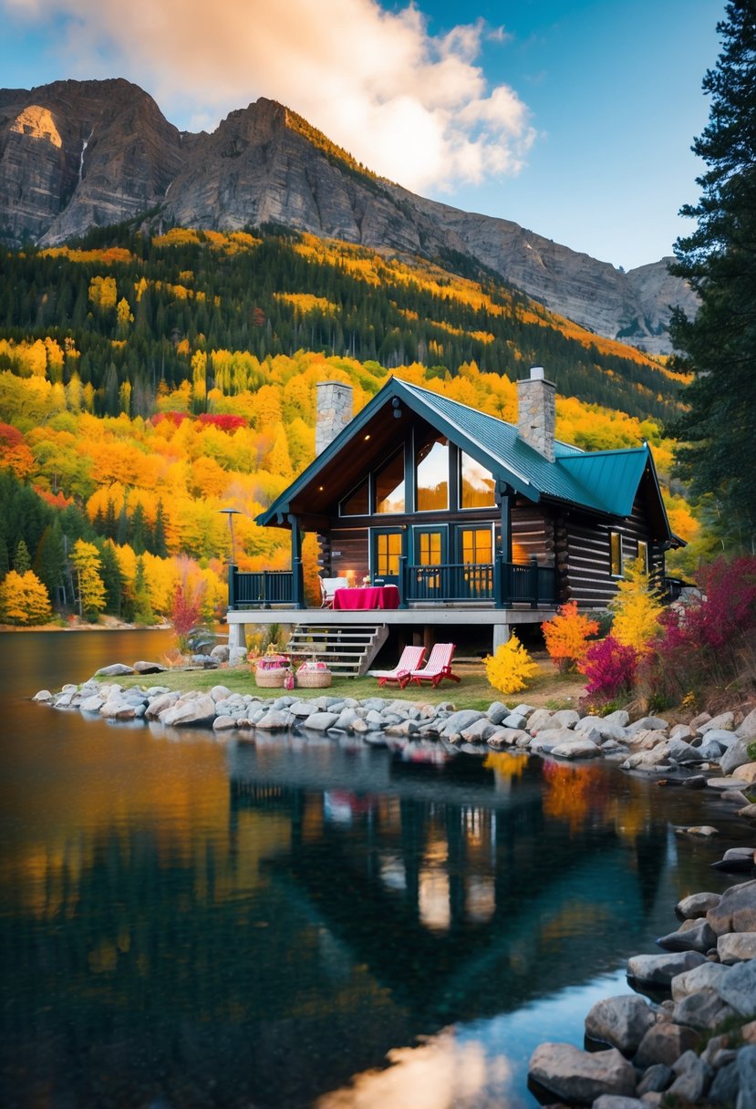 A cozy cabin nestled in the mountains, surrounded by colorful autumn foliage and a serene lake, with a picnic set up on the porch