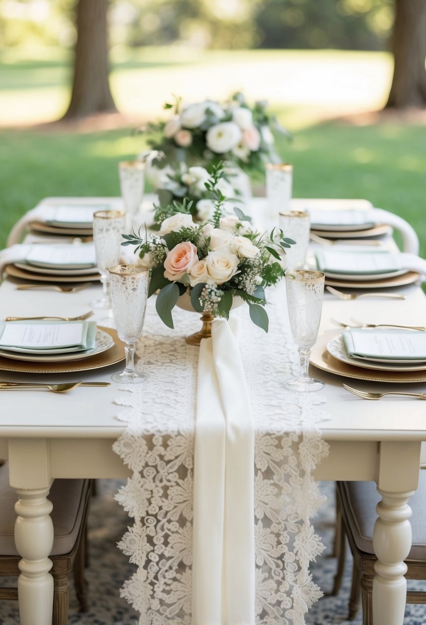 An elegant table set with vintage lace runners for a wedding shower