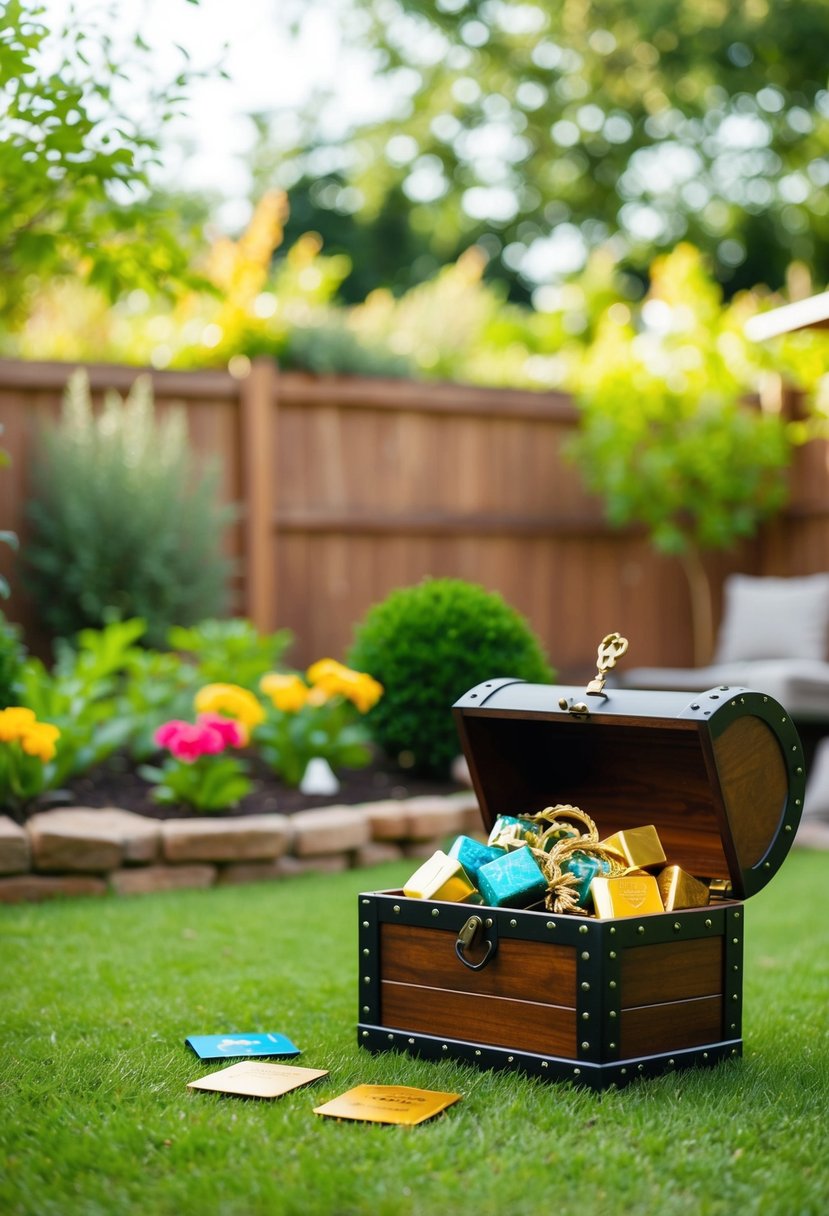 A backyard garden with hidden clues leading to a treasure chest filled with anniversary gifts