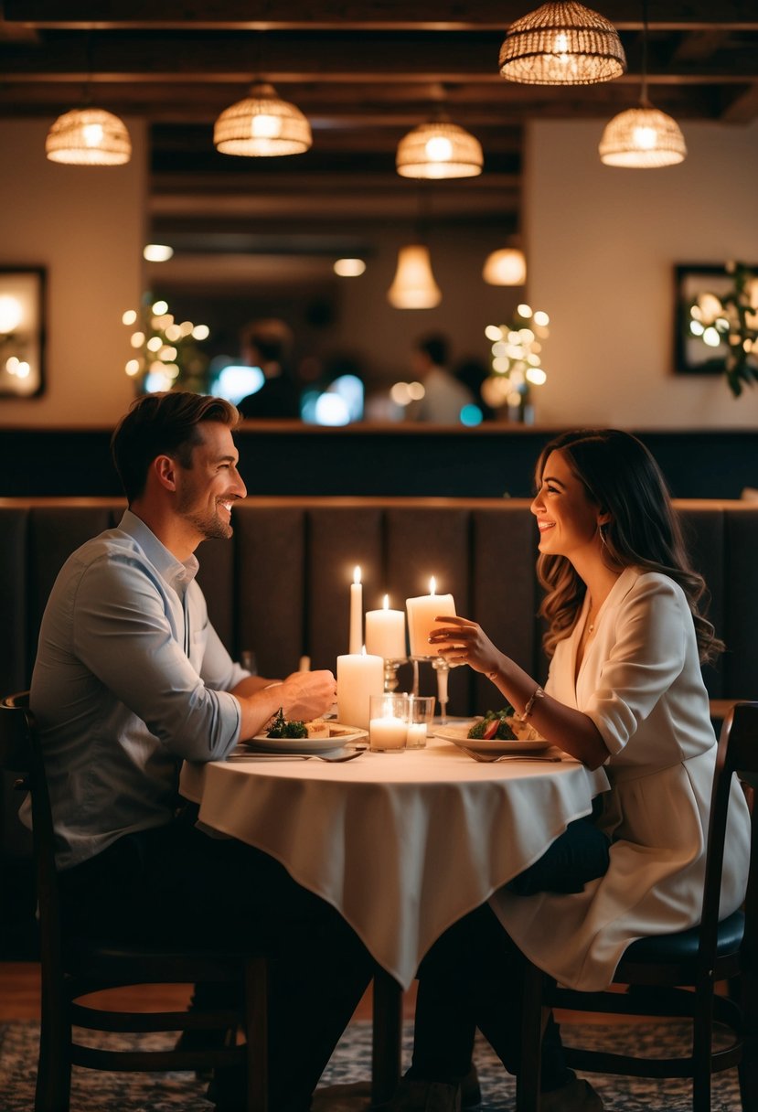 A couple seated at a candlelit table in a cozy restaurant, surrounded by soft lighting and romantic decor