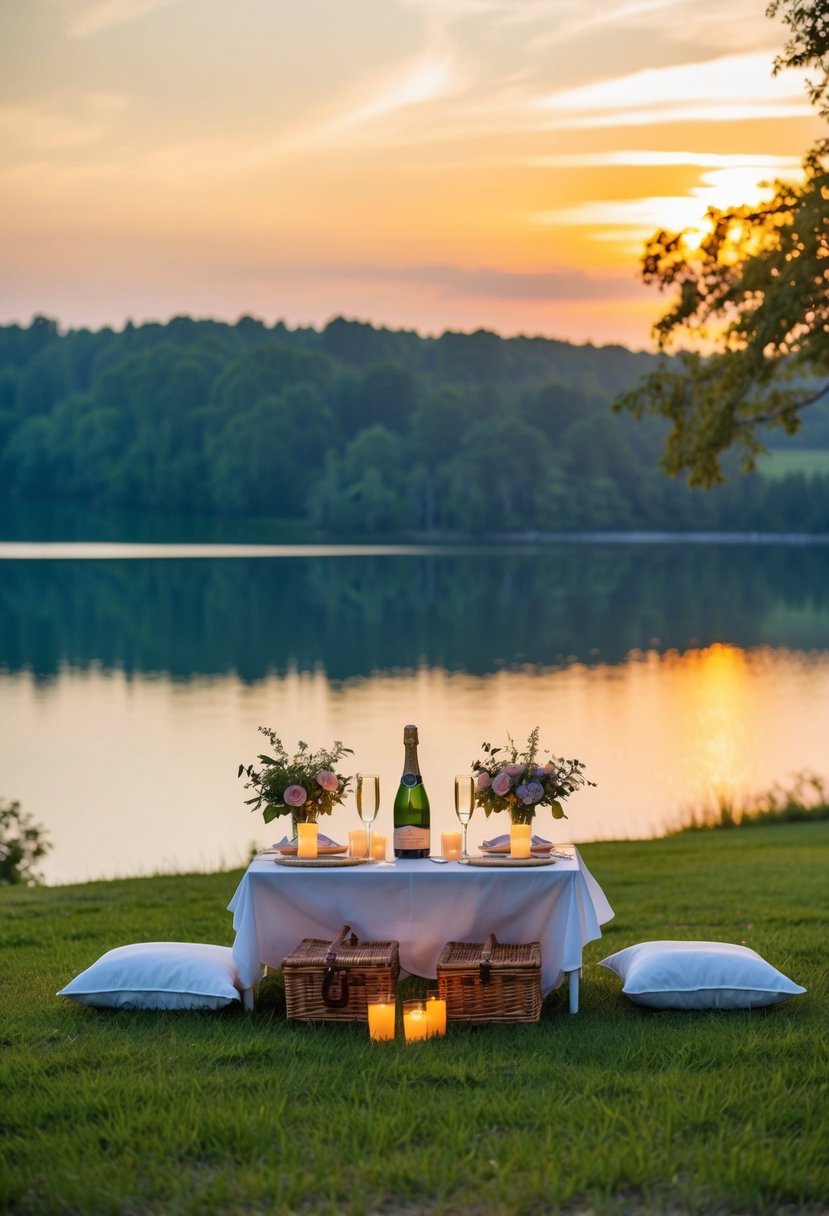 A romantic picnic set up on a grassy hill overlooking a serene lake at sunset, with a table adorned with candles, flowers, and a bottle of champagne