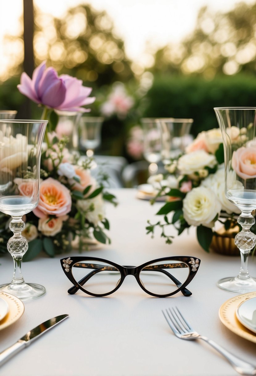 A table adorned with retro cat eye glasses, surrounded by vintage wedding decor and floral arrangements