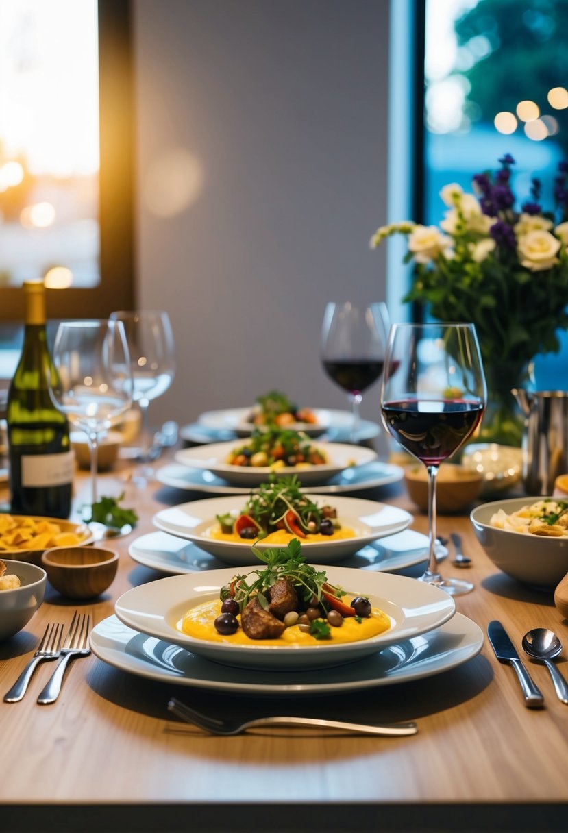 A beautifully set dining table with gourmet dishes and wine, surrounded by cooking utensils and ingredients