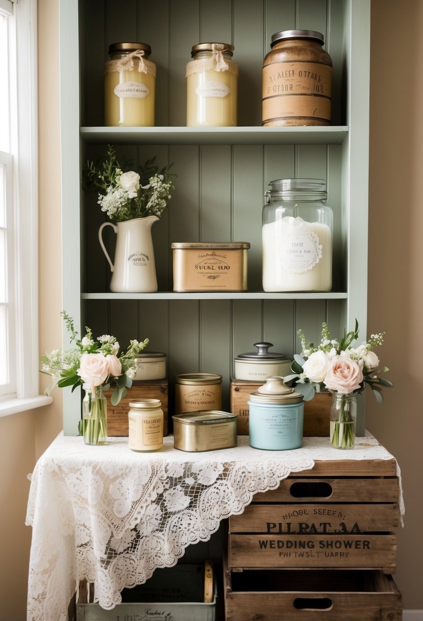 A rustic pantry shelf with vintage jars, tins, and wooden crates. A lace tablecloth and floral arrangements add to the vintage wedding shower theme