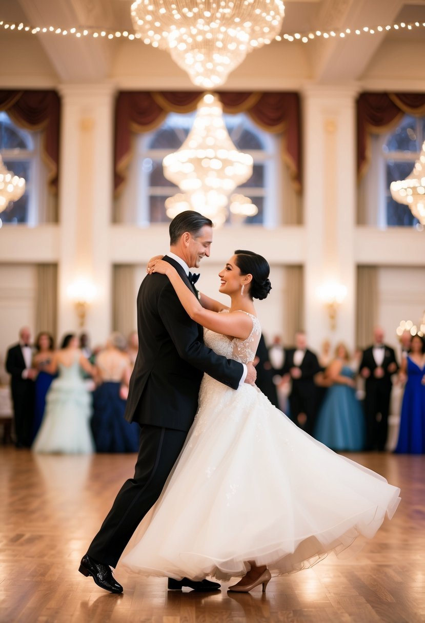 A couple twirls across a grand ballroom, surrounded by elegant decor and twinkling lights, as they celebrate their 33rd wedding anniversary with a ballroom dancing lesson