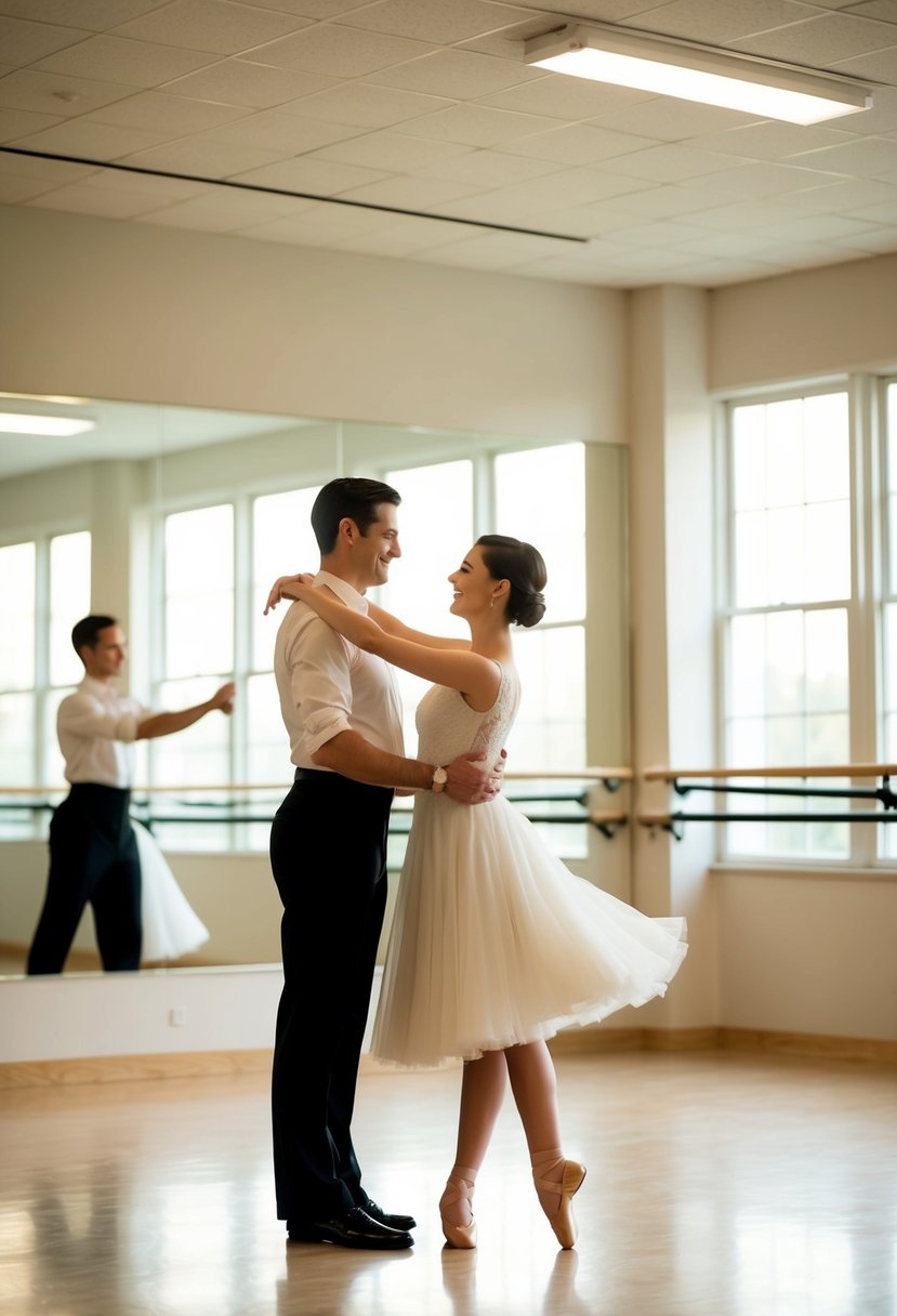 A couple gracefully waltzing in a spacious, sunlit dance studio, surrounded by mirrors and ballet barres