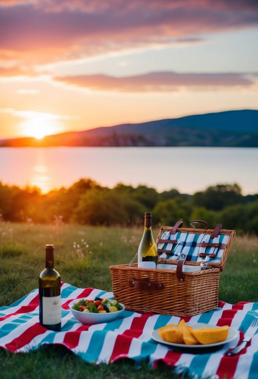 A picnic blanket spread beneath a colorful sunset, with a basket of food and a bottle of wine