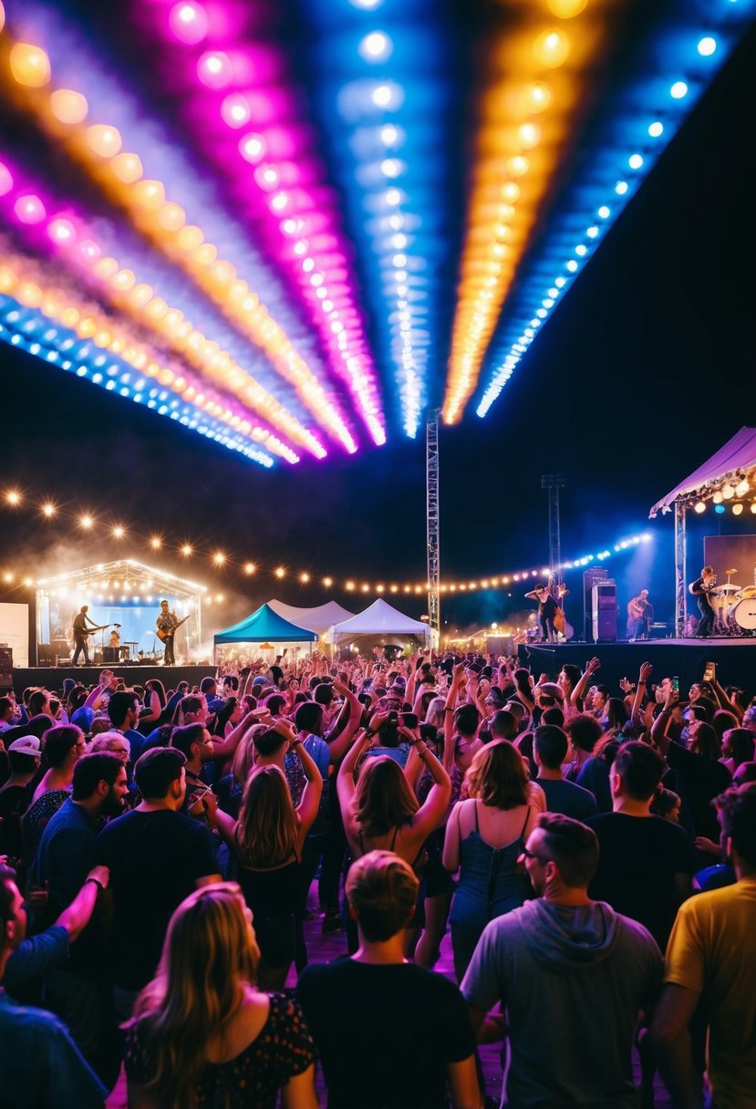 Crowds dance under colorful lights at a local music festival. Musicians perform on stage while attendees celebrate