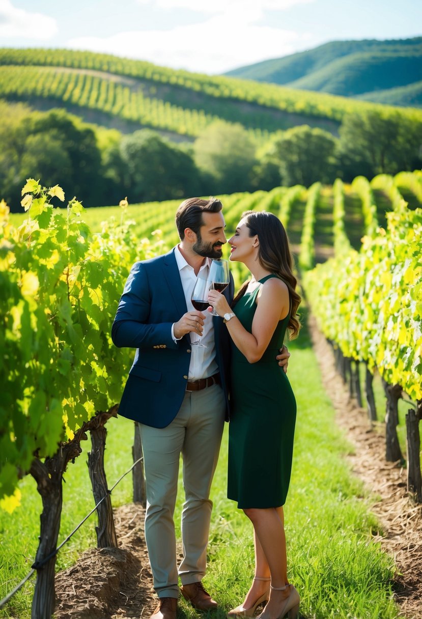 A couple sipping wine at a vineyard, surrounded by lush greenery and rolling hills on a sunny day