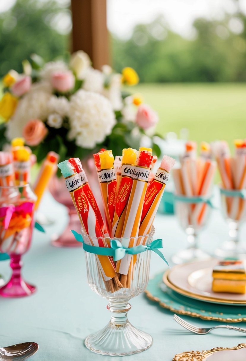 A vintage table adorned with candy cigarette favors at a wedding shower