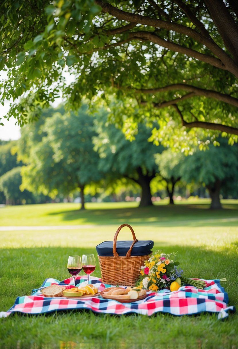 A colorful picnic spread on a checkered blanket under a shady tree in a lush park setting, with a basket, wine glasses, and a bouquet of flowers