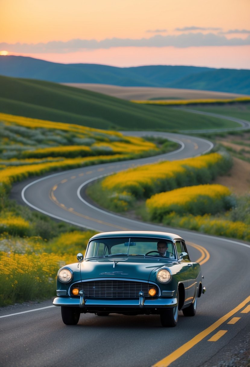 An old-fashioned car drives along a winding road, passing by rolling hills and fields of wildflowers, with a sunset in the background