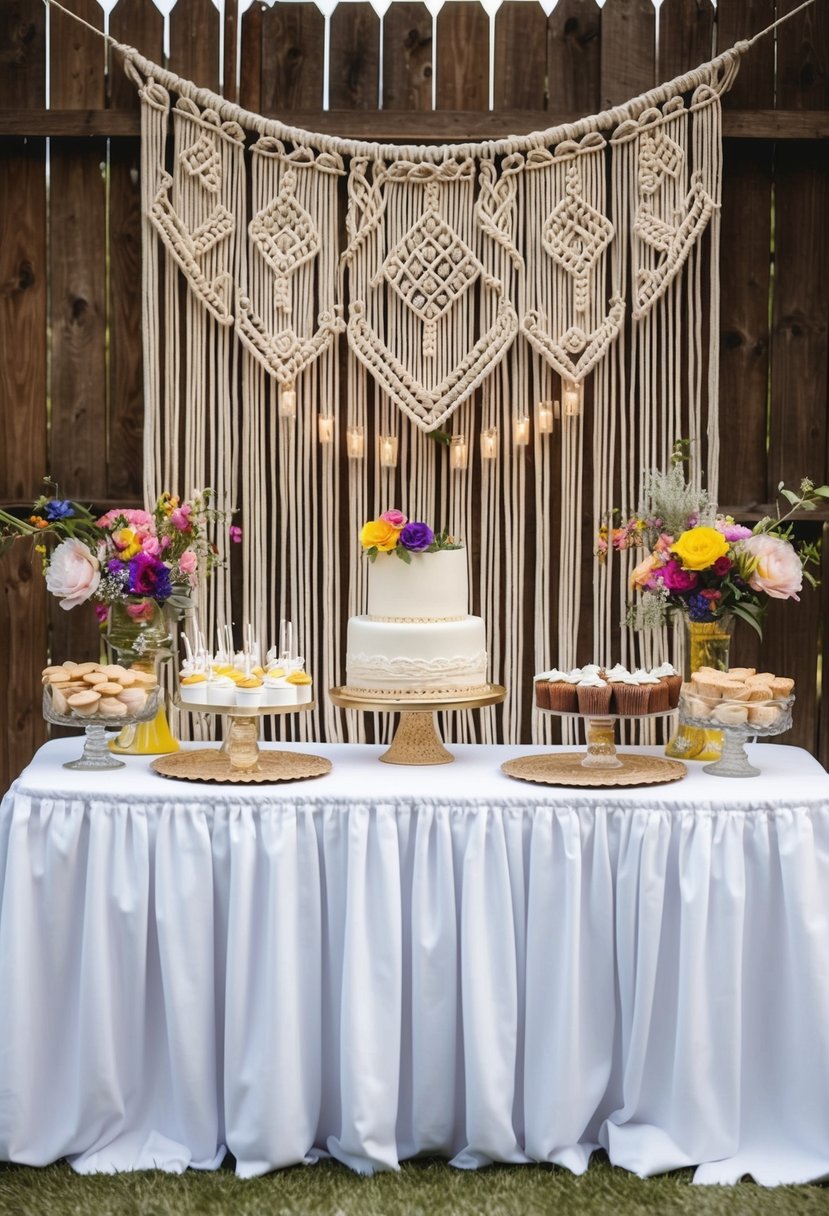 A bohemian macramé backdrop hangs behind a vintage-inspired dessert table at a wedding shower. Colorful flowers and eclectic decor complete the scene