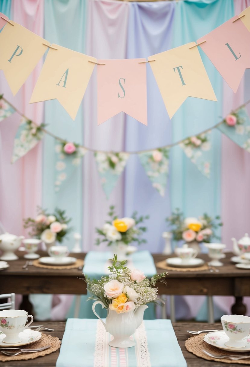 Pastel banners hang above rustic tables adorned with vintage teacups and floral centerpieces for a shabby chic wedding shower