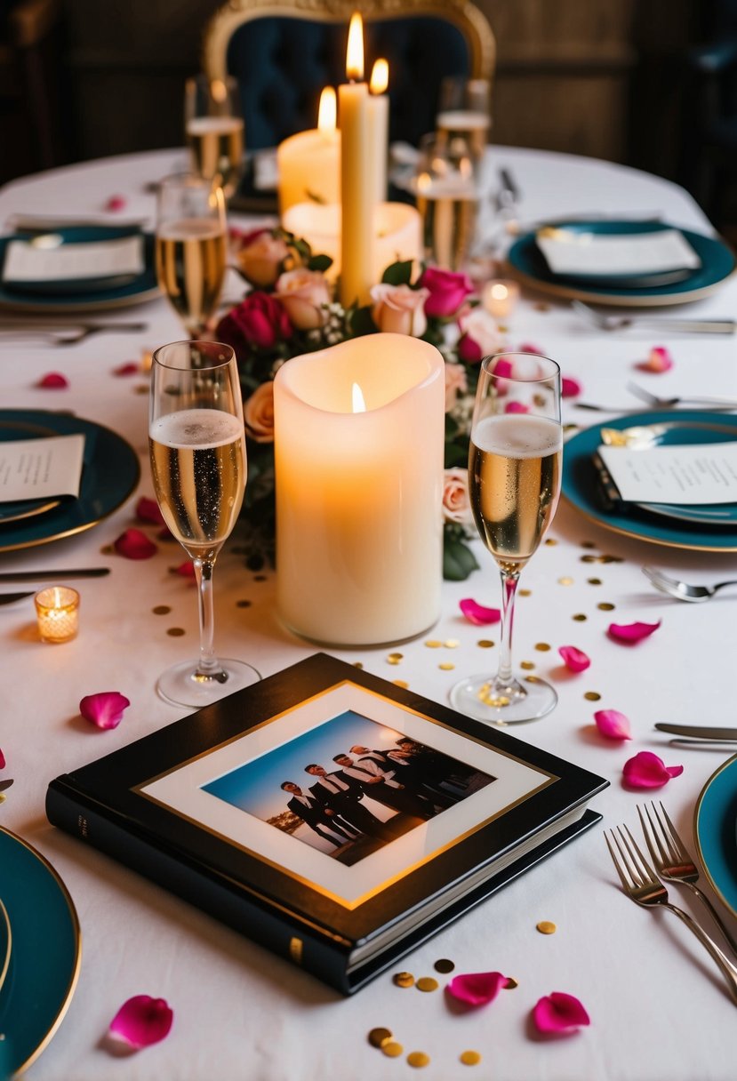 A beautifully set dining table with a candlelit centerpiece, champagne glasses, and a photo album surrounded by scattered rose petals and confetti