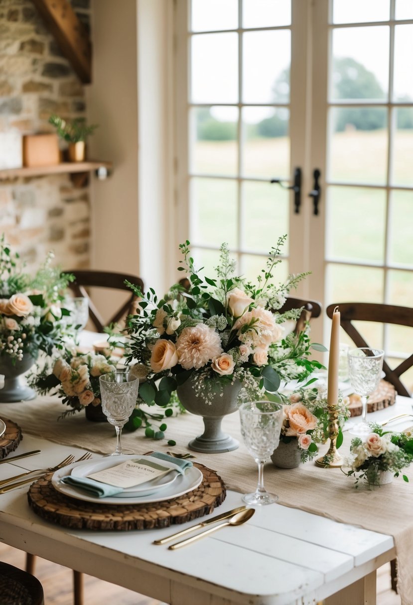 A rustic cottage table adorned with vintage flower arrangements for a chic wedding shower