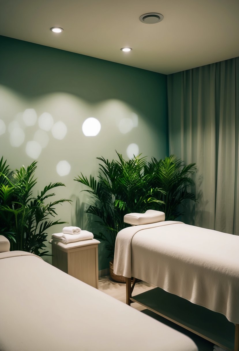 A serene spa room with two massage tables, soft lighting, and lush greenery