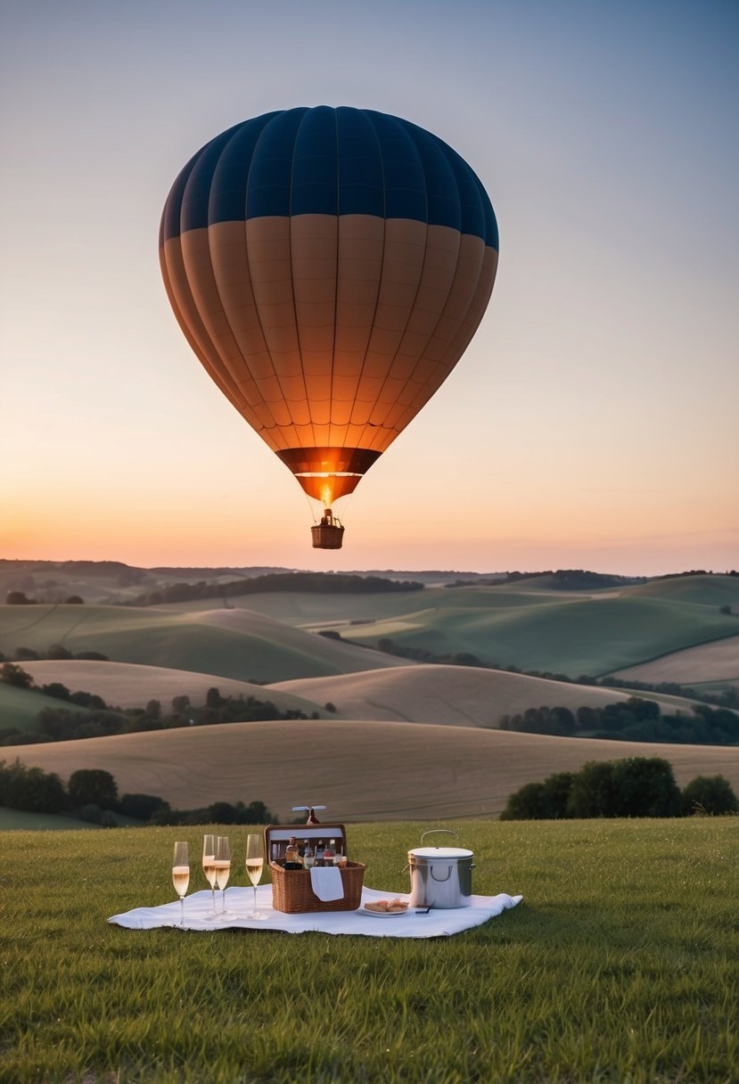 A hot air balloon floats above rolling hills at sunset, with a champagne picnic below