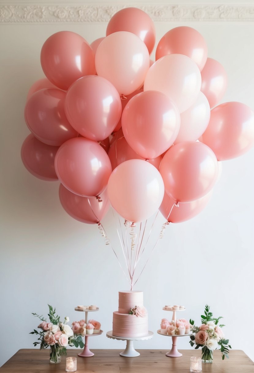 A cluster of pastel pink balloons floating above a vintage wedding shower setup