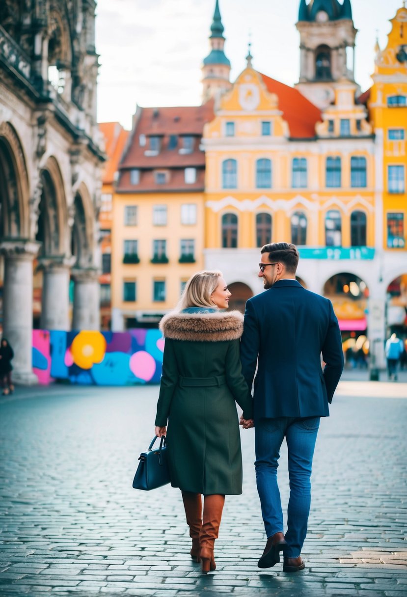 A couple strolling through a vibrant city square, surrounded by historic architecture and colorful street art