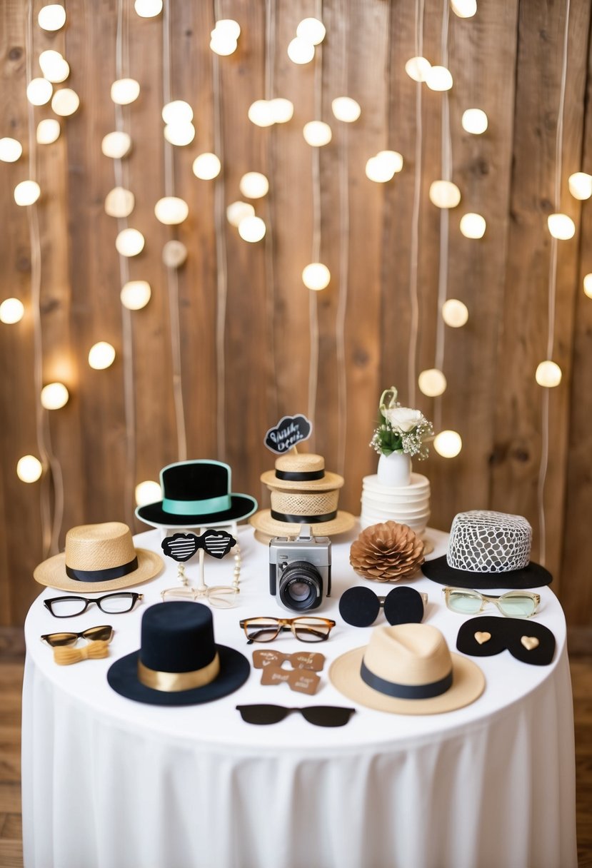 A table adorned with vintage-themed photo booth props for a wedding shower, including hats, glasses, and other accessories