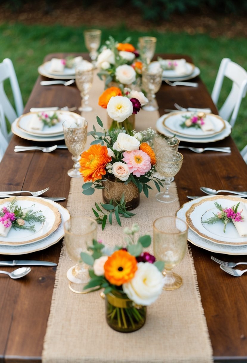 A burlap table runner with vintage floral centerpieces and antique dishware set for a rustic wedding shower