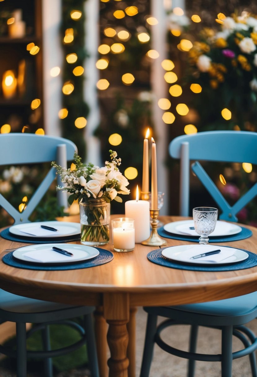 A cozy table set with two chairs, each with a pen and paper, surrounded by candles and flowers