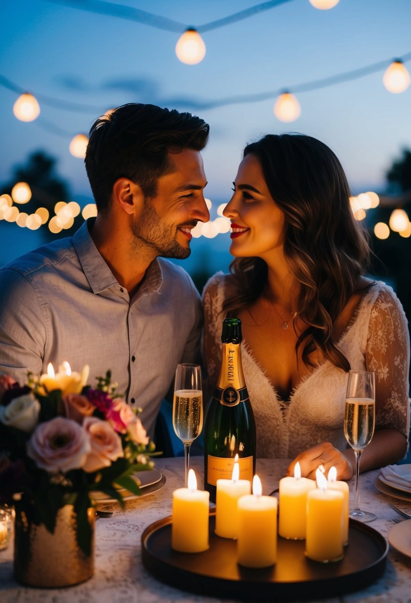 A couple sitting at a candlelit table with a bouquet of flowers and a bottle of champagne, surrounded by romantic decorations