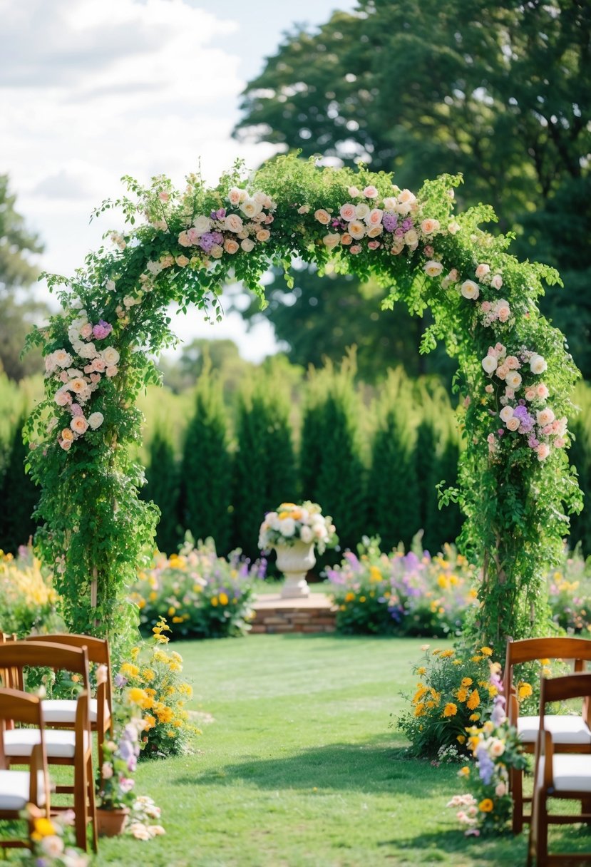 A serene garden with a blooming archway, surrounded by lush greenery and colorful flowers, set for a vow renewal ceremony