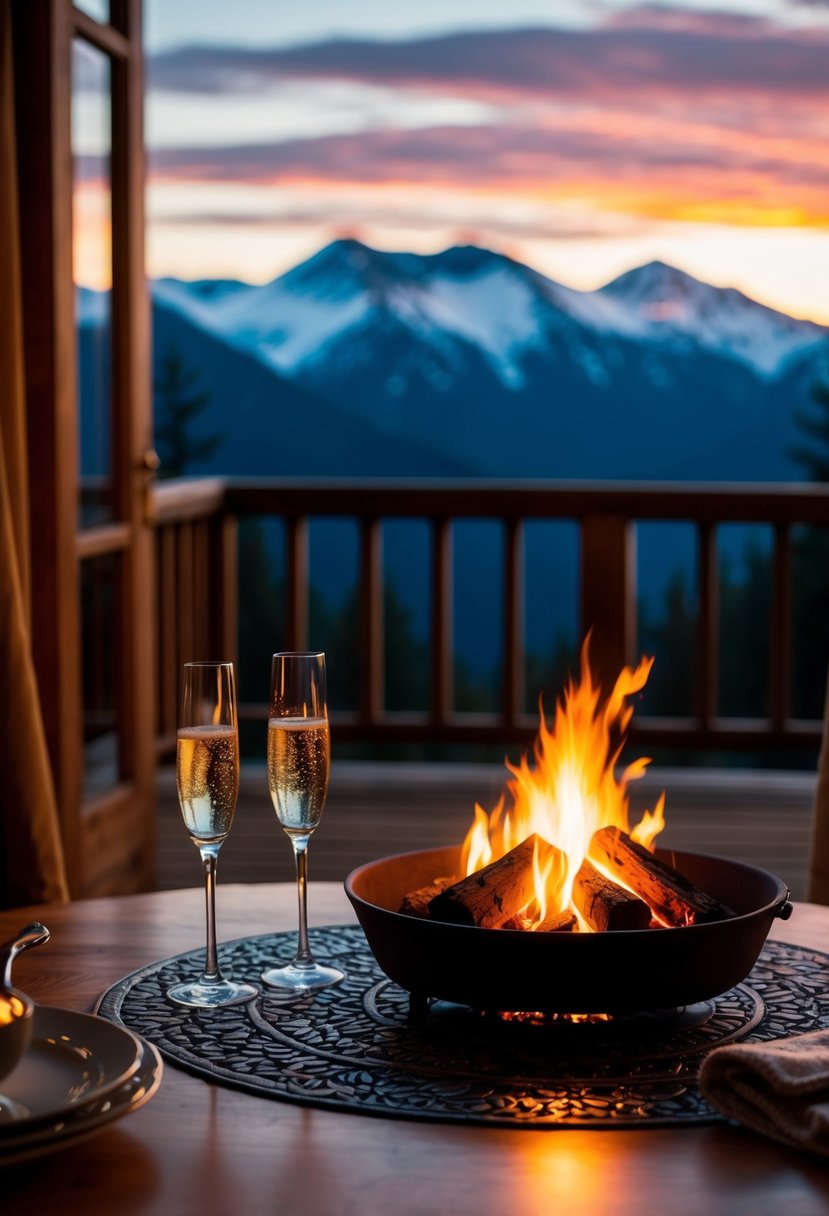 A cozy cabin nestled in the mountains, with a crackling fire, champagne on ice, and a breathtaking view of the sunset